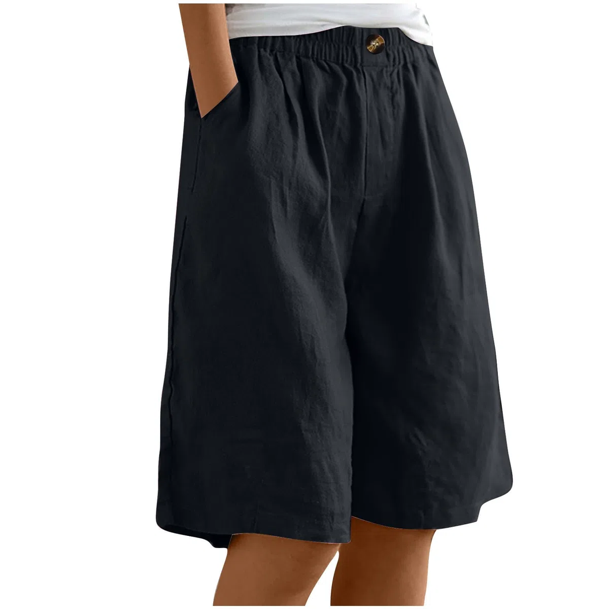 EMATOP Kurze Leinenhose Damen Sommer Leicht Shorts Knielang Stoffhose Casual Baumwolle Leinen Hose Locker Luftig Strandhose Elegant Einfarbiges Sommerhose Weites Hosen mit Taschen Sporthose
