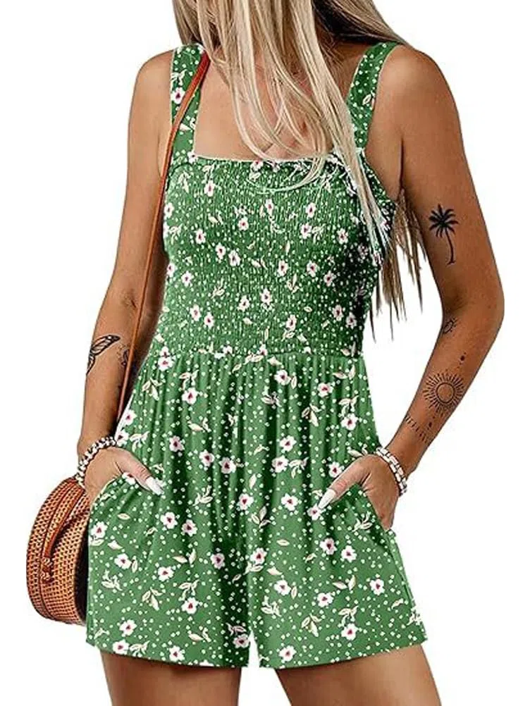 Jumpsuit Damen Sommer Kurz Overall Ärmellos Träger Quadratische Hals Einteiler Shorts Romper Elastischer Rückenfrei Blumendrucken Casual Leicht Playsuit mit Taschen Trägerhose