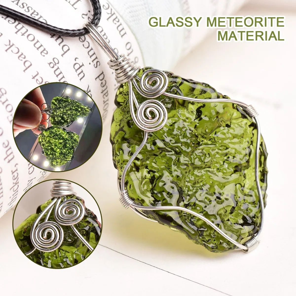 Moldavit-Halskette mit Seil mit Draht umwickelte Moldavit-Kristall-Halskette aus Glas heilende Meteoriten-Stein-Halskette Weltraum-Schmuck für Frauen und Männer