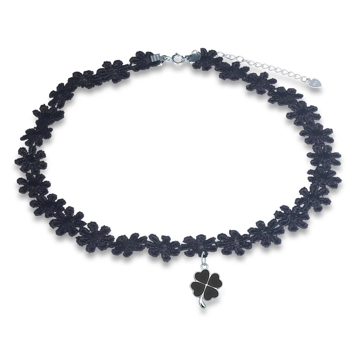 Damen Schwarze Blume Halsreife Halskette 925 Silber Ketten mit Vierblättriger Kleeblatt Anhänger für Mädchen Elegante Choker