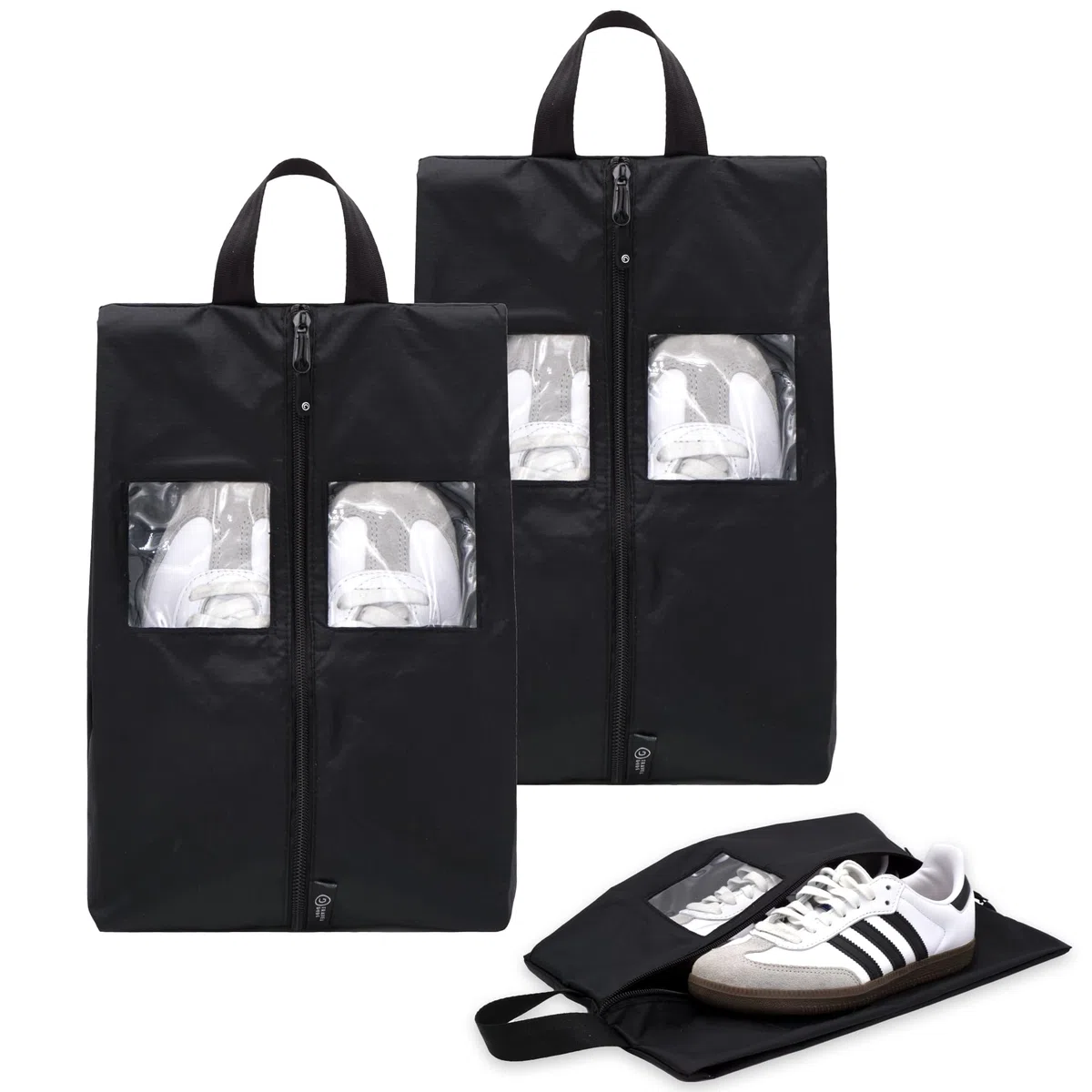 TRAVEL DUDE Schuhtaschen 2er Set | schwarz | mit transparentem Fenster | wasserabweisend, Ultraleicht & staubdicht | Schuhbeutel für kleine & große Schuhgrößen | zum Aufbewahren im Koffer
