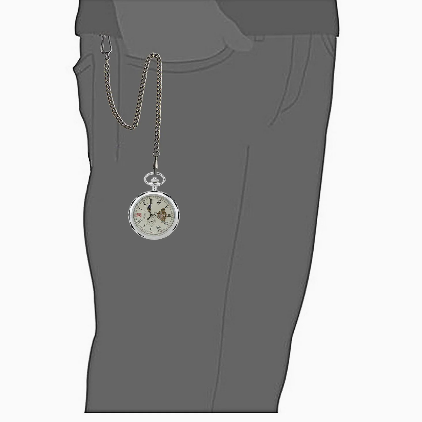 TREEWETO Mechanische Taschenuhr, römische Ziffern, offenes Zifferblatt mit Kette, 24 Stunden, Mond, Sonne + Box