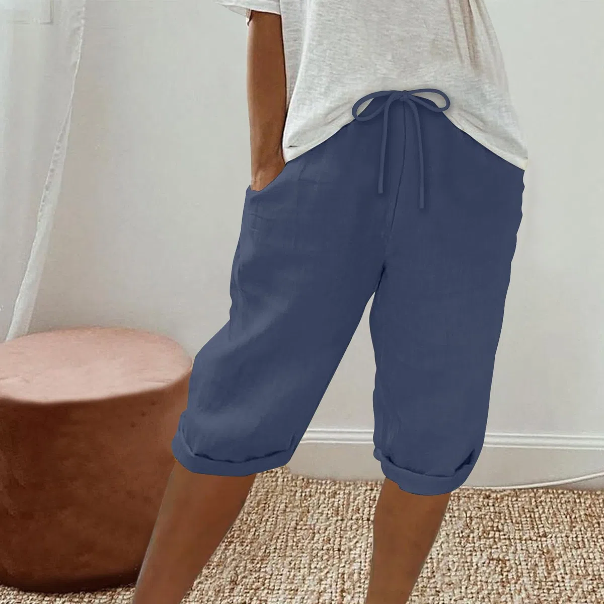 EMATOP Kurze Leinen Hose Damen Sommer Baumwolle Shorts Freizeit Einfarbig Strandhose Bequeme Elegant Stoffhose Lässige Outdoor Musselin Hosen mit Taschen Caprihose Leicht Lustig Freizeithose