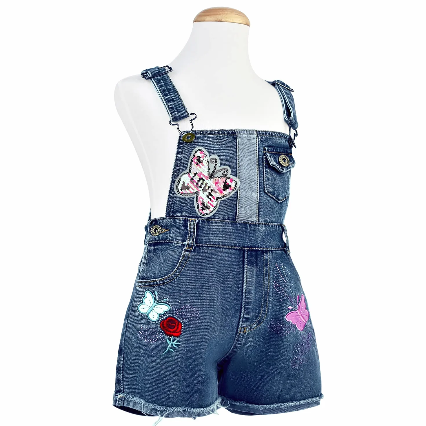 Peacolate 4-10 Jahre Kleines Groß Mädchen Latzhose Bestickte Pailletten Umdrehen Schmetterling Denim Kurze Jeans Overalls