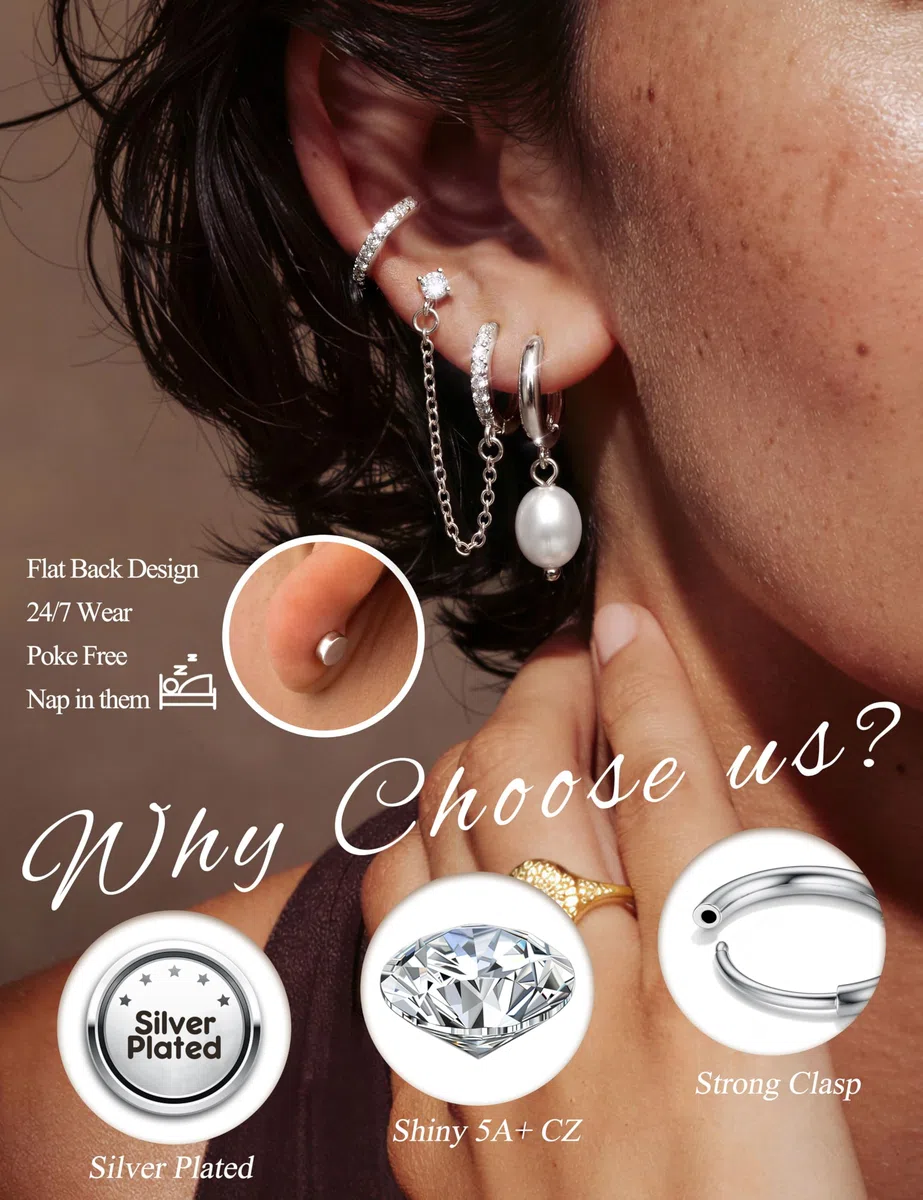Adramata Ohrringe Gold Set Chirurgenstahl Ohrringe für Damen Hypoallergen Ohrring Creolen Ketten Ohrring Hängend Flatback Medizinische Ohrstecker Set Gold Silber Knorpel Conch Tragus Helix Piercing
