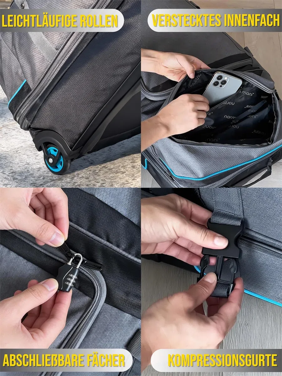 Reisetasche 2-Rad Trolley 120-150 Liter Weichgepäck Travel Bag mit Rollen und 6 Fächern - erweiterbarer Reisetrolley - Rolltasche Sporttasche 81x39x39/47 cm Farbe Grau/Blau Größe 120-150 Liter