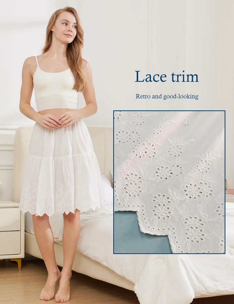 BEAUTELICATE Unterrock Damen 100% Baumwolle Vintage Petticoat Unterrock Lang Kurz Halbrock mit Spitze Stickerei für Dirndl 50er Jahre Rock Ivory Schwarz 55cm