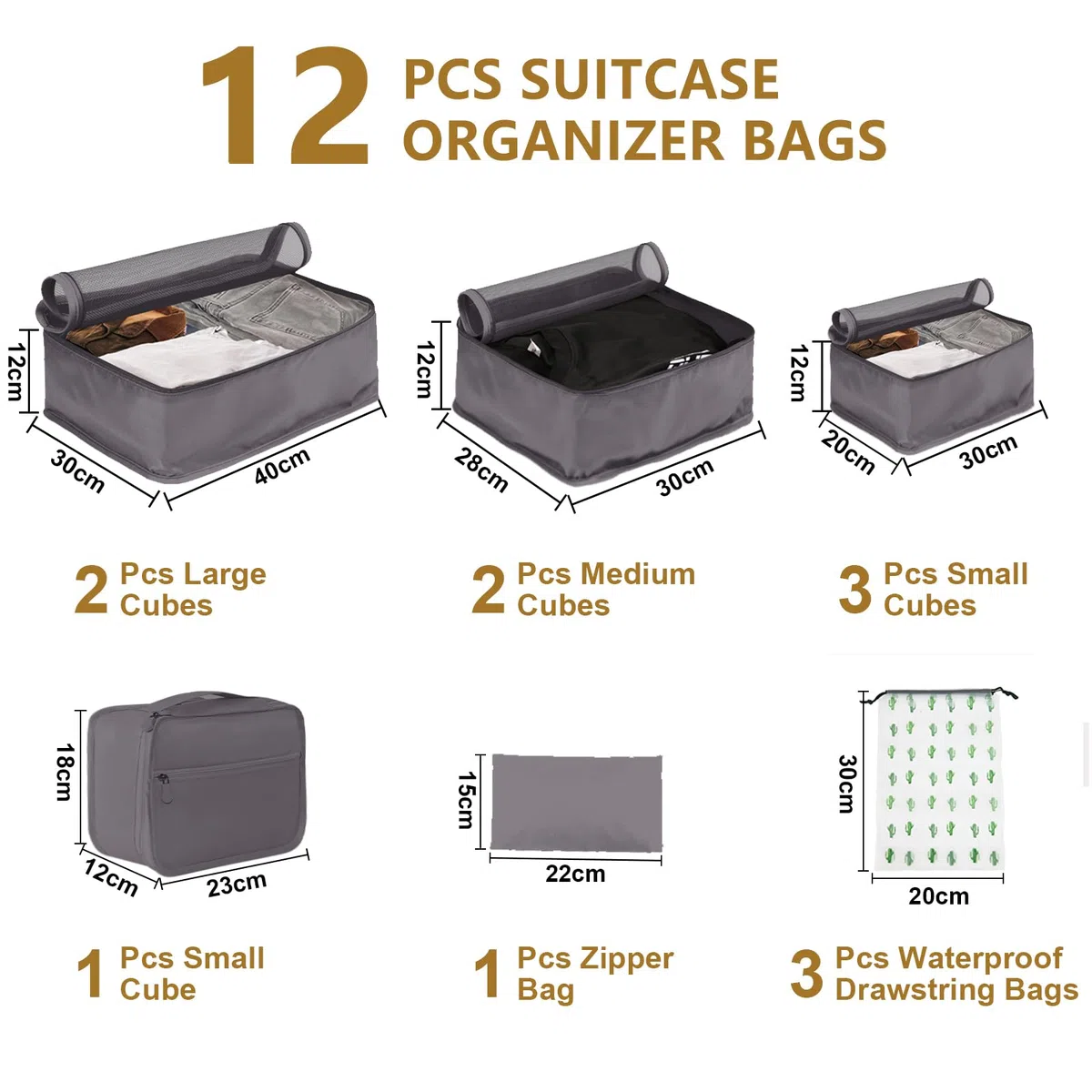 Große Koffer Organizer Set 12-teilig, Wasserdichte Packwürfel, Travel Organizer zum Gepäckpacken, Familienreisen, Aufbewahrung zu Hause Grau