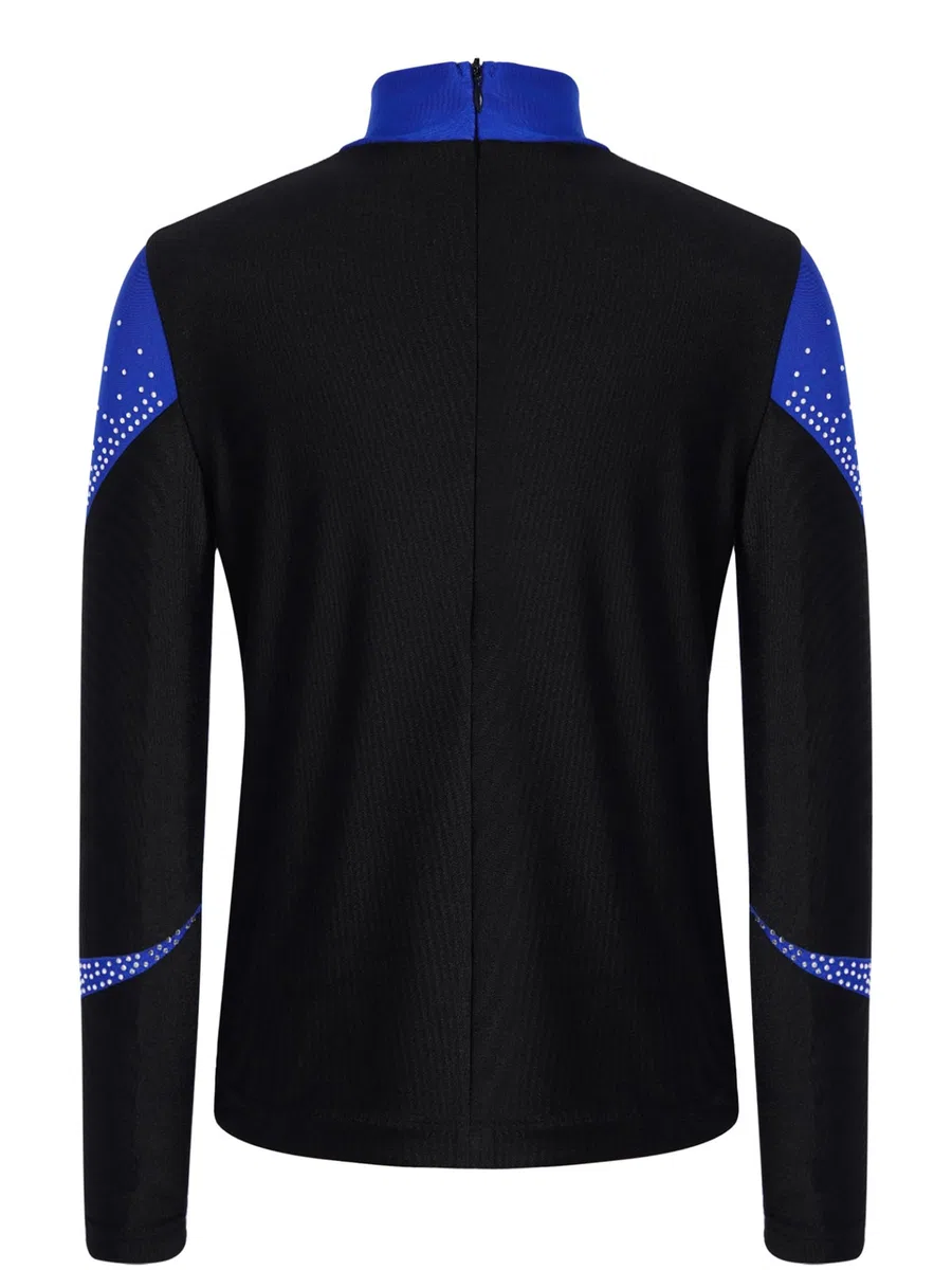 Linjinx Jungen Langarm Hemden Glitzer Strass Latein Tanzshirt Eiskunstlauf T-Shirt Oberteil Eng Gymnastikanzug Wettbewerb Tanzkostüm