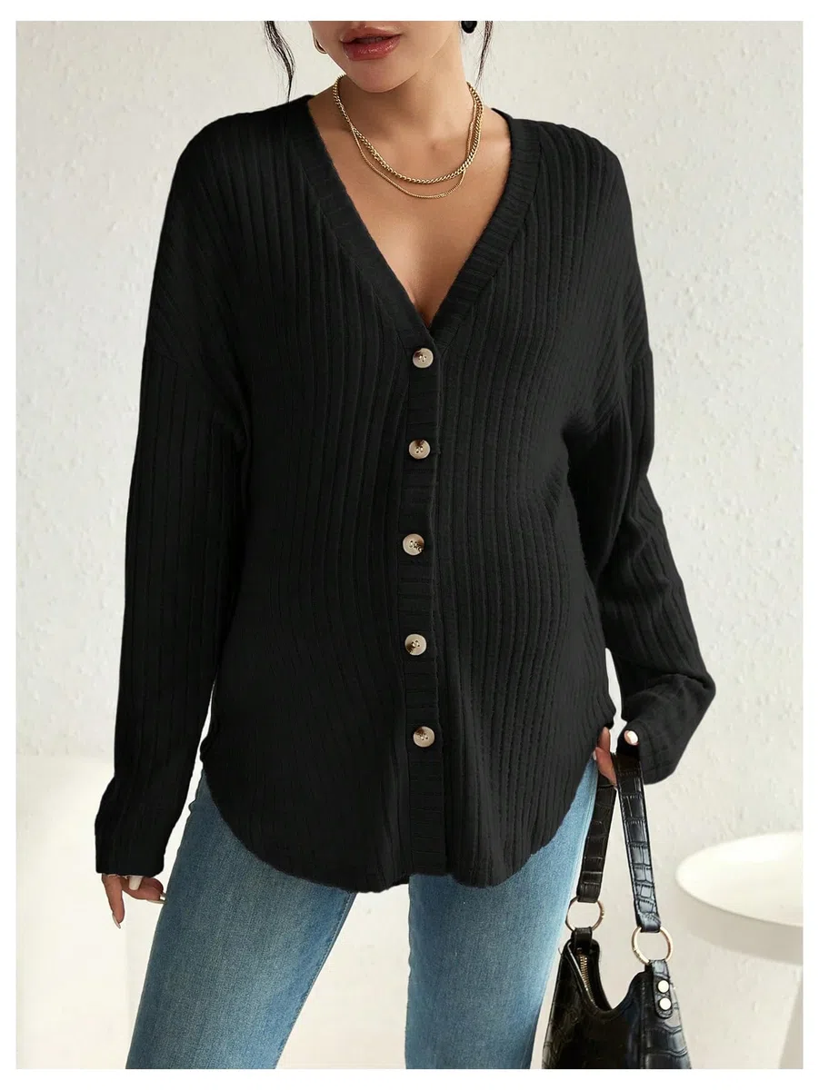Umstandsjacke für Damen, V-Ausschnitt, lange Ärmel, Oversize, gerippt, Schwangerschafts-Pullover, weich, bequem, lässig, Knopfleiste vorne, Still-Top