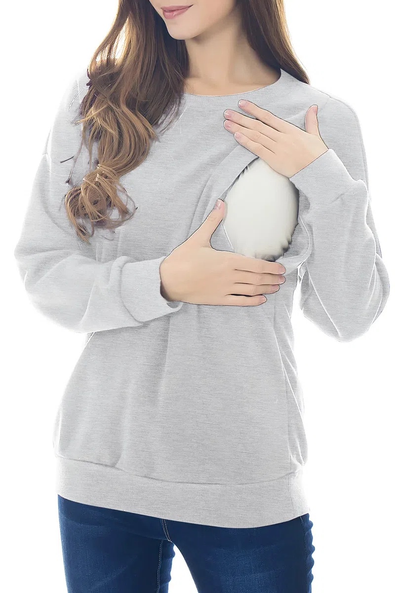 Smallshow Pflege Sweatshirt Langarm T-Shirt Bluse Stillen Pullover Tops Stillshirt Light Grey XL