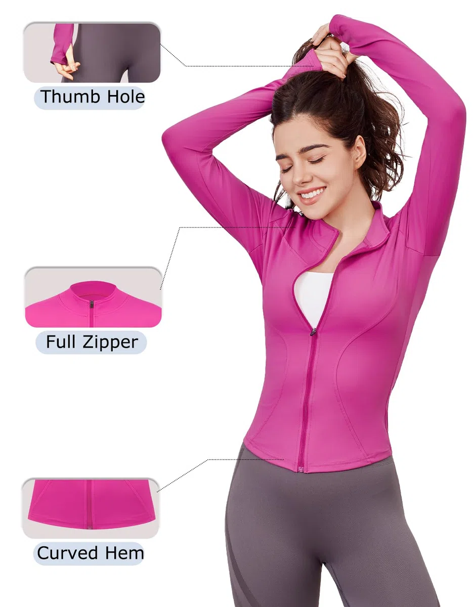 Damen Sportjacke Langarm Gym Tops Yoga Fitness Shirt Atmungsaktive Laufjacke Leicht Trainingsjacke Reißverschluss und Daumenloch