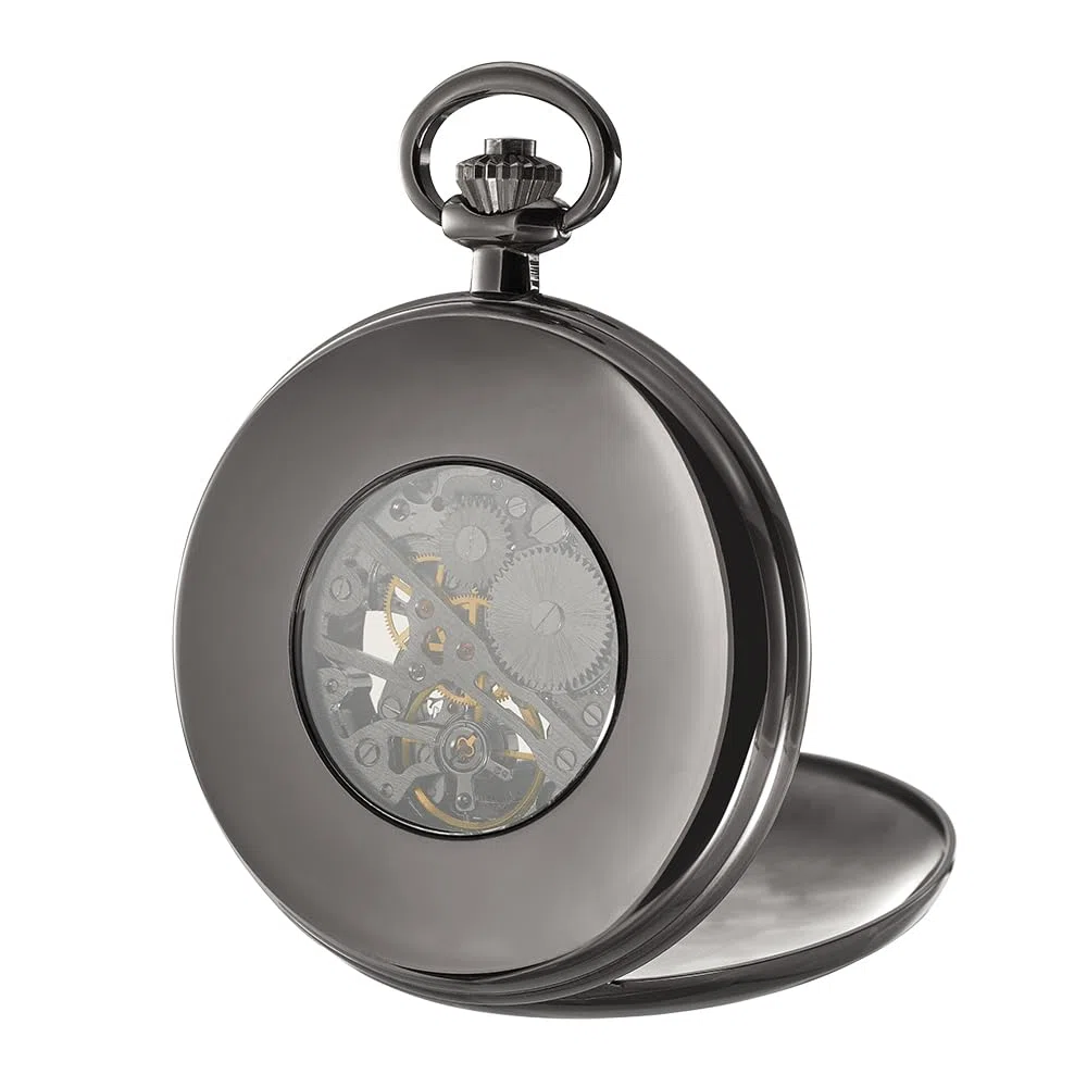 Dugena Herren-Taschenuhr 4460978-1, Savonette, Handaufzug, skelettiert, Schwarz, Edelstahlgehäuse, mit Mineralglas und Indexe, 51 mm