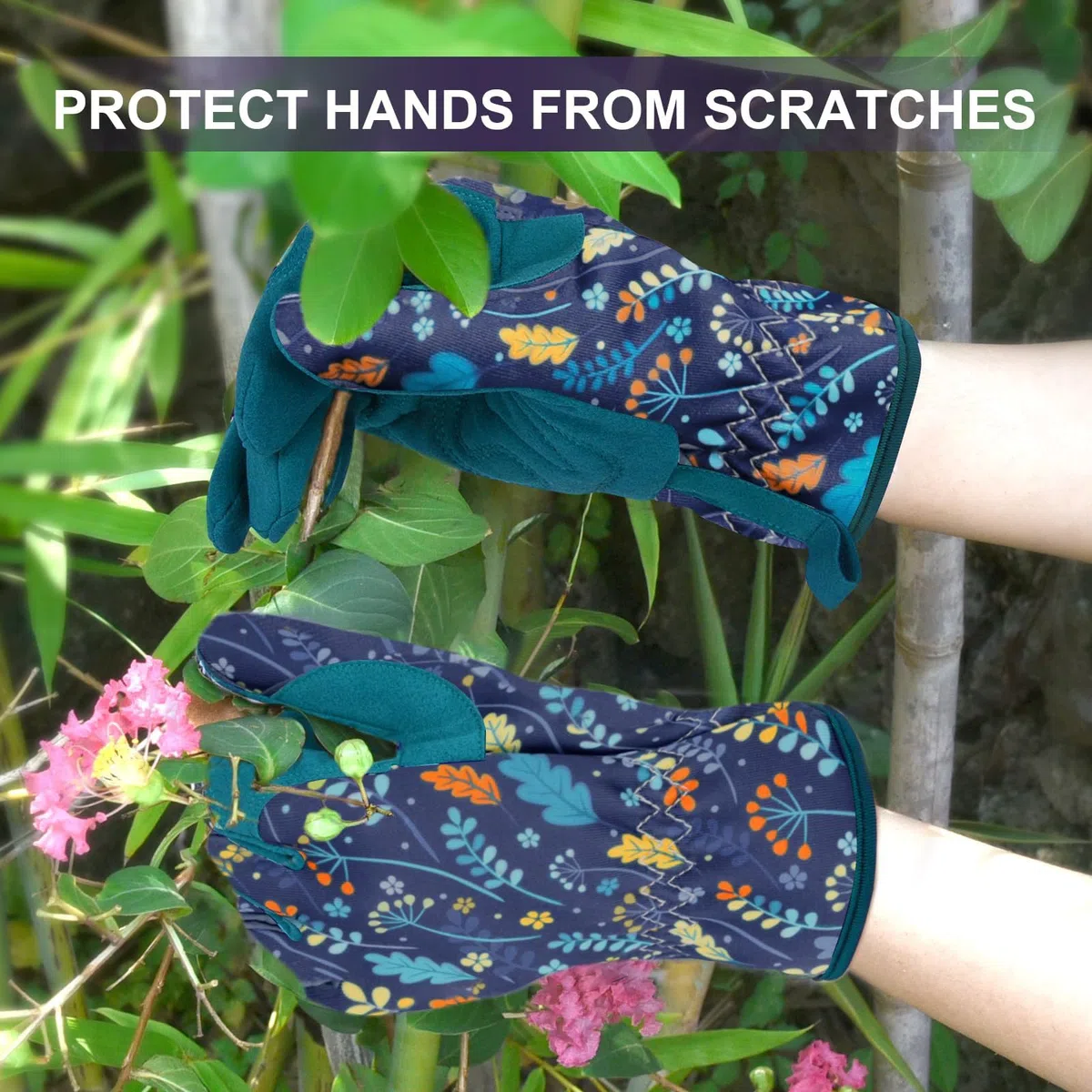 Gartenhandschuhe mit Blumenmuster, Atmungsaktiv und Elastisch, Türkis-Marineblau