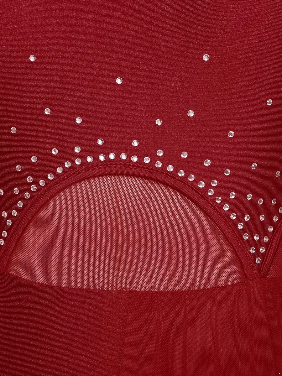 iEFiEL Damen Tanzkleid mit Strass Mesh Ballettkleid Ballett Trikotanzug Jumpsuit Tanzbody Overall Gymnastik Wettbewerb Tanzkostüm