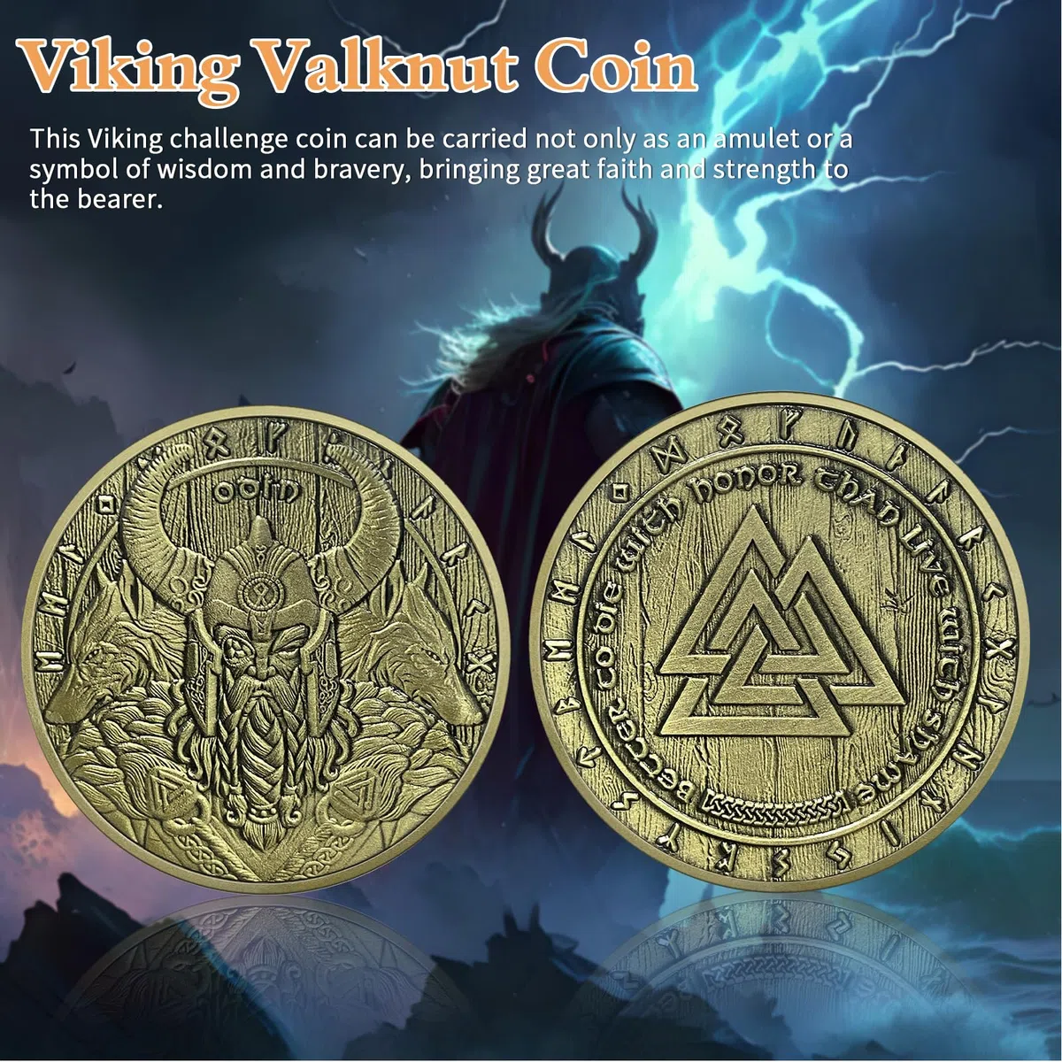 AtSKnSK Odin Münze Wikinger Valknut Münze Wikinger Odin Knoten Herausforderung Münze Geschenk Wikinger Wolf Chip Medaillon Nordische Mythologie Amulett für Männer (Odin Coin)