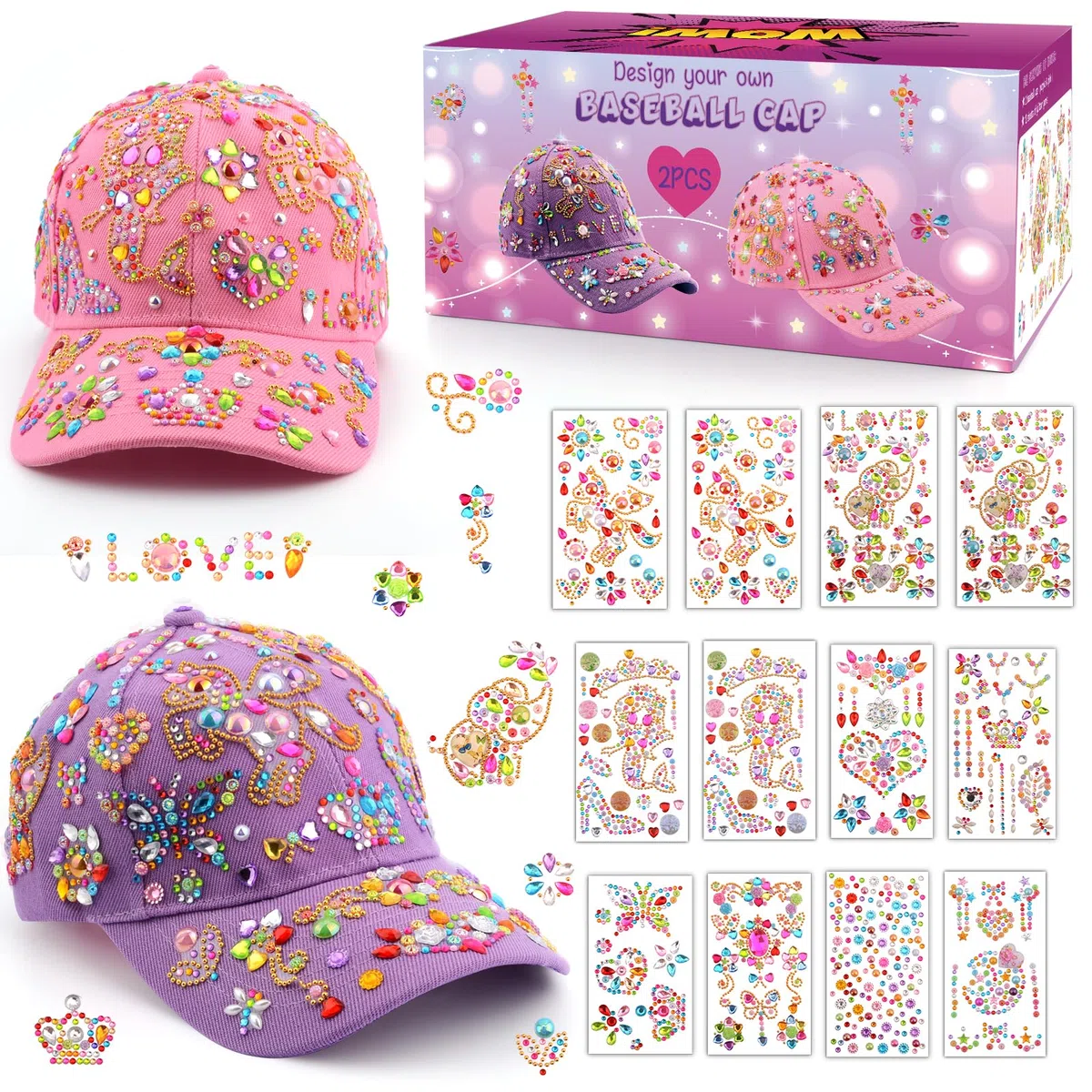 Geschenke für Mädchen DIY Baseballkappe, Kappe Selbst Gestalten mit Diamant Aufklebern, Schulanfang Geburtstag Geschenk Mädchen 4 5 6 7 8 9 10 11 12 Jahre, Baseball Cap Bastelset Hut Kinder Schule