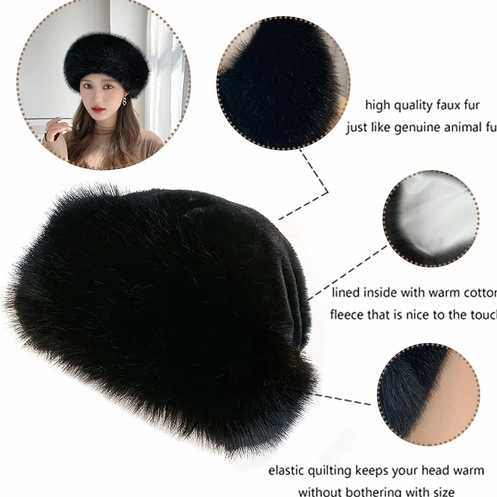 BYNYXI Russische Fellmütze Damen, Fuchspelzmütze Pelzmütze Damen Russisch Mütze Kunstfell Wintermütze Plüsch Wintermütze Faux Fuchs Plüschmütze Cossack Mütze Blau Schwarz Grau Pink Beige