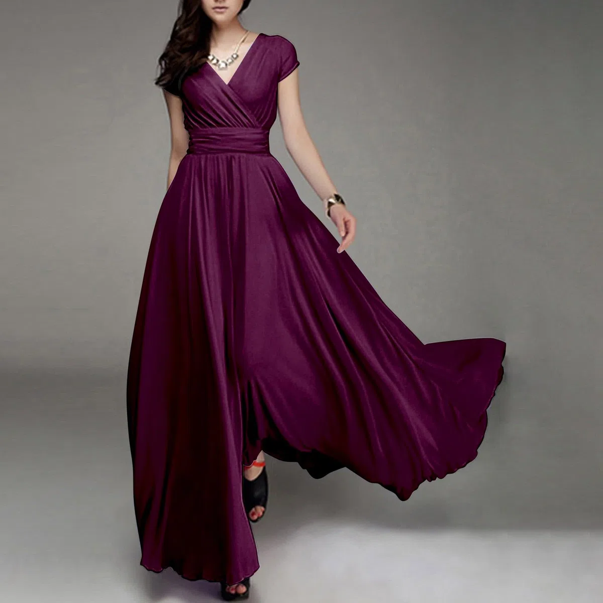 Einfarbiges Damen-Konzertkleid, V-Ausschnitt, kurze Ärmel, Chiffon-Taille, Kleid