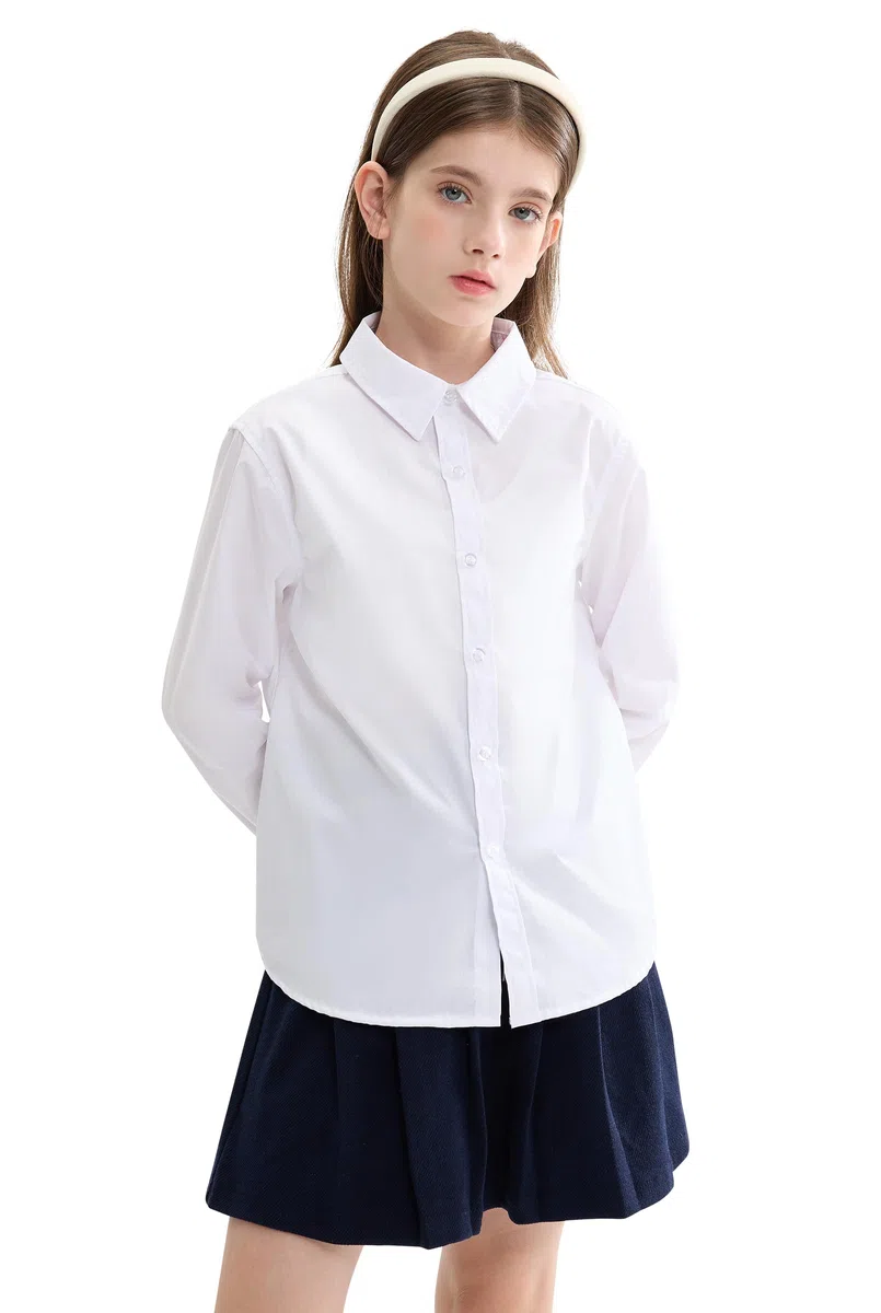 maoo garden Mädchen weißes Schuluniformhemd Langarmbluse Button-Down-Bluse