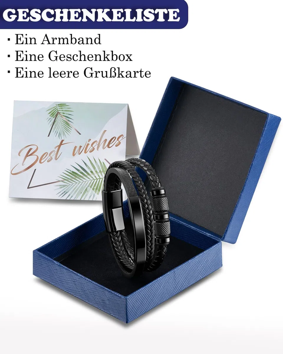 Armband Herren - Lederarmband - Edelstahl-Magnetschließe Armband - Geflochtenes Lederarmband - Armbänder für Herren als Geschenk für Geburtstag, Valentinstag, Weihnachten oder Vatertag Schwarz