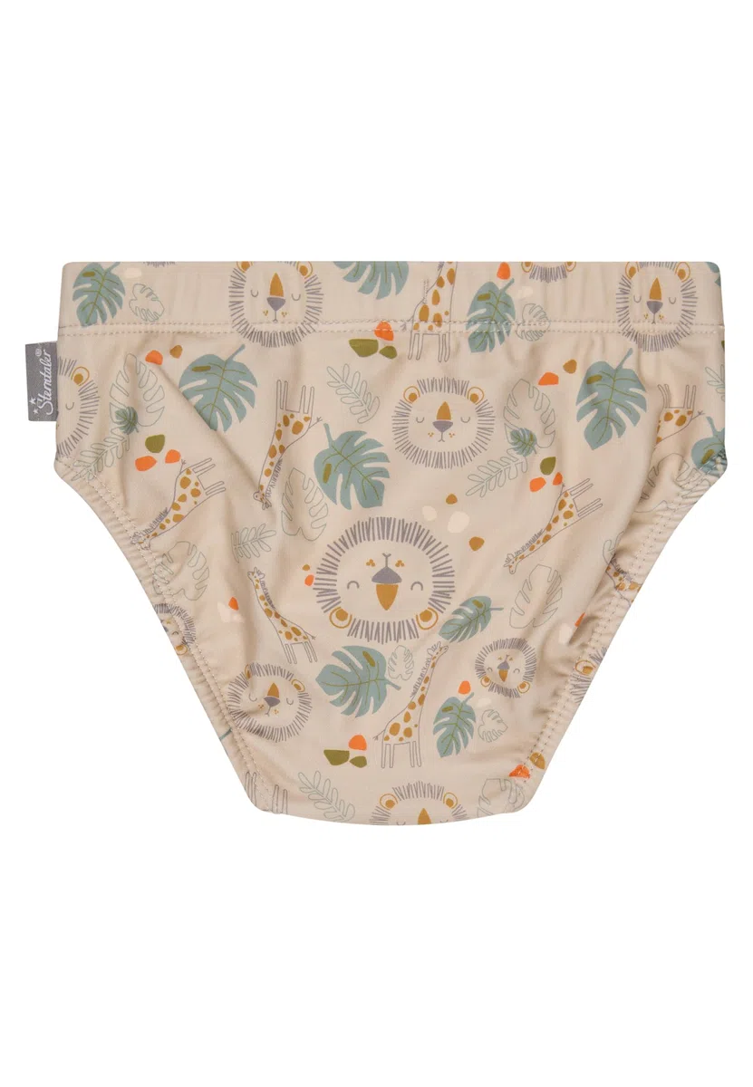 Sterntaler Badehose Safari – Baby- & Kinderschwimmhose aus Bademodenstoff mit Elasthan, Safari-Muster, Kordelzug und UV-Schutz 50+ – Beige, Größe 104