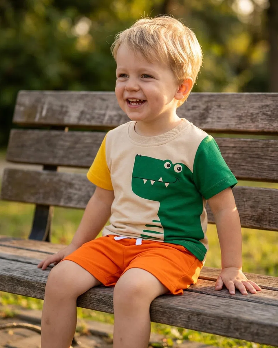 FishingDino Baby Kleidung Jungen Set Gr 86-110, Sommer Kinder Anzug Set Junge mit Dino & Bagger, Kurzarm T-Shirt & Shorts Bekleidungssets für Jungen 1-4 Jahre