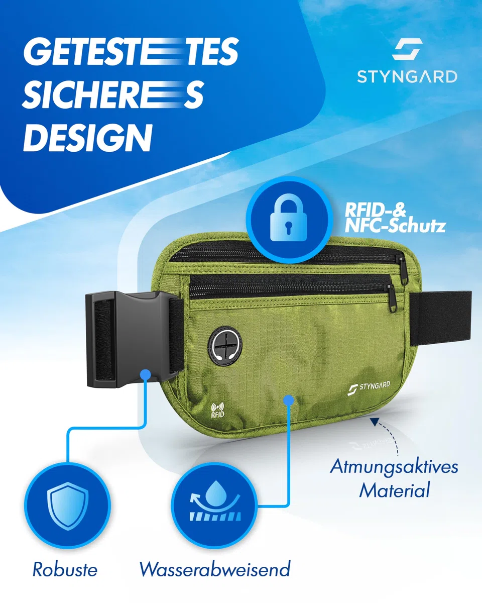Flache Bauchtasche diebstahlsicher RFID Schutz - Geldgürtel zum Umhängen - Reise Bauchtasche mit Diebstahlschutz - Brustbeutel Damen und Herren Sport - STYNGARD - Modell Madrid