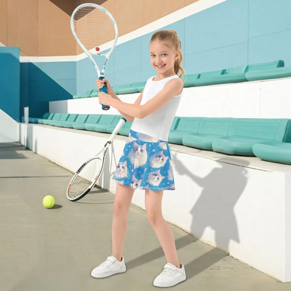 Tennisrock mit niedlichem Katzengesicht, für Mädchen, mit integrierten Shorts, Faltenrock für kleine Mädchen und Jugendliche, Blau