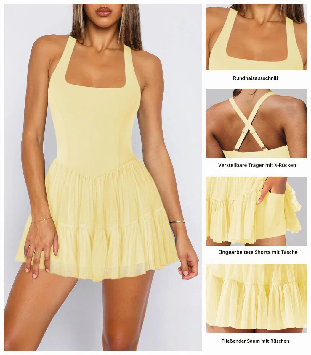 Damen-Tenniskleid, fließend, plissiert, Rüschen, athletisches Kleid für Damen, Neckholder, ärmellos, Sommer, Mini-Golfkleid mit Shorts-Tasche