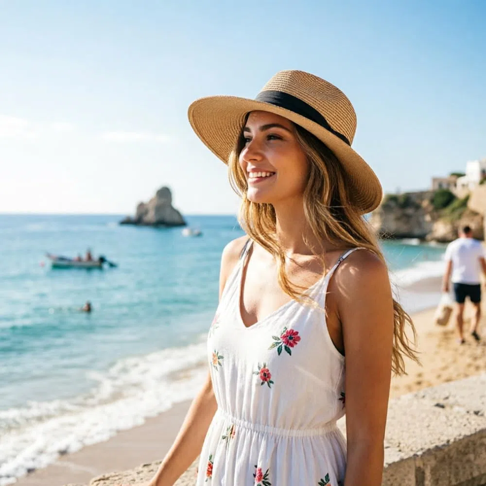 DRESHOW Damen Panama Hut Breiter Krempe Stroh Sommer Fedora Strohhut Panama Aufrollen Hut Strand Rollbar UV Sonnenhut UPF 50 +