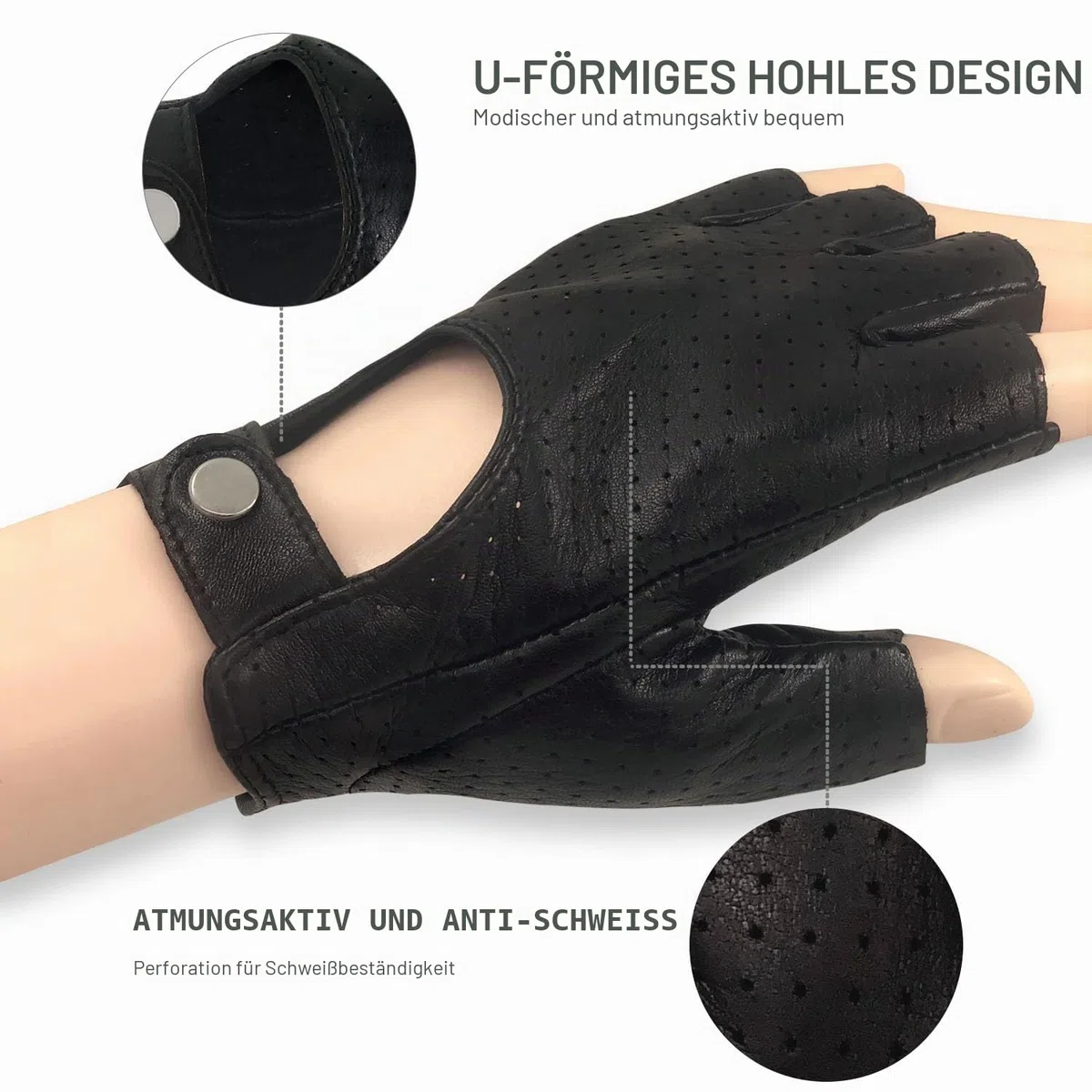 Herren-Lederhandschuhe Vollmaschige Fingerlose Halbfinger-Fahrhandschuhe