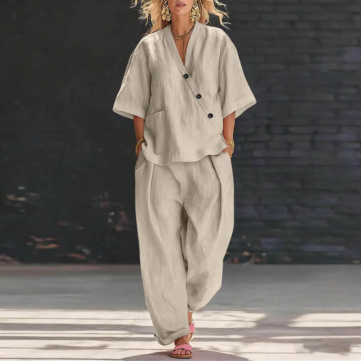 Leinenanzug Damen Sommer Leinen Bluse und Lange Weite Hose, Leinen Set Hausanzug Kuschelig 2 Teiler Einfarbig Sport Outfit Lounge Set Hosenanzug Elegant 2 Teilig Große Größen Leinenanzug mit Taschen