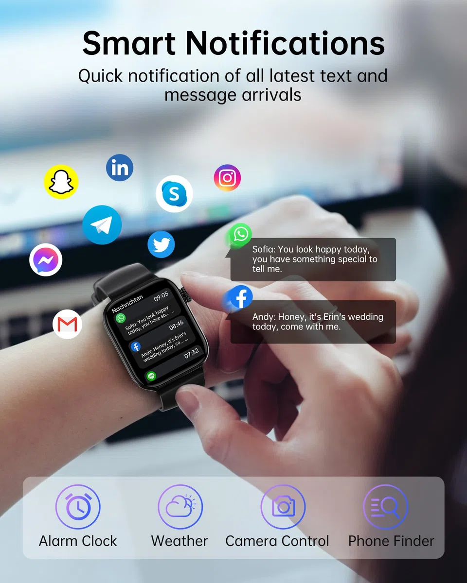 Smartwatch für Herren/Damen mit Telefonfunktion - 1,85" Bildschirm Fitnessuhr, Herzfrequenz, SpO2, Schlafmonitor, Schrittzähler, IP68 Wasserdicht Uhr, 113+ Sportmodi Sportuhr für Android iOS