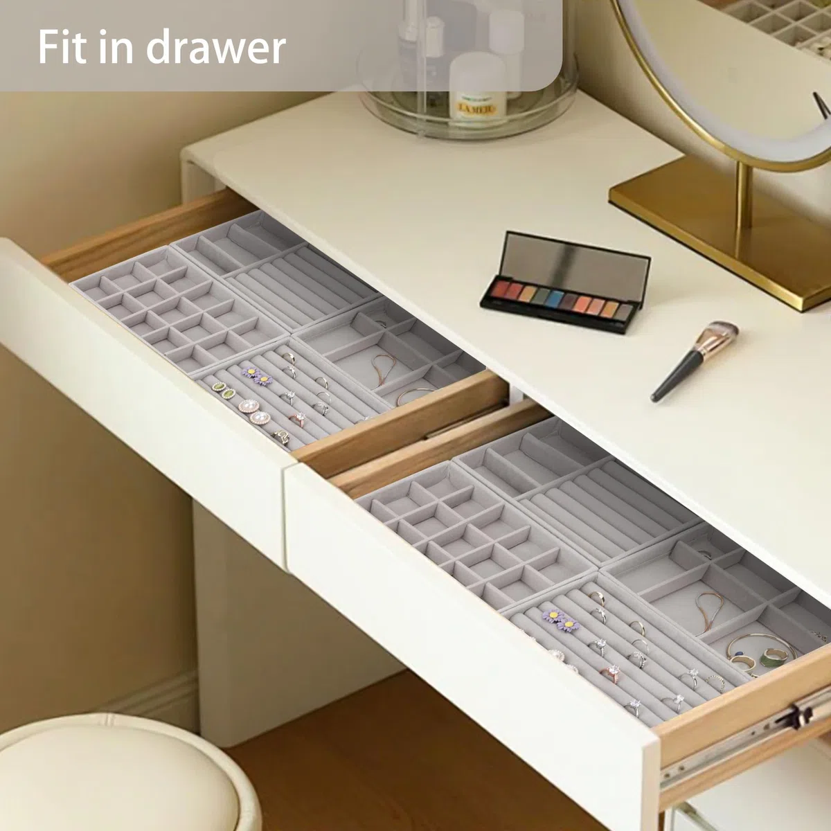 10 Schmucktablett Stapelbar, Schmuckaufbewahrung Schublade Grau, Schmuck Organizer Schublade für Aufbewahren
