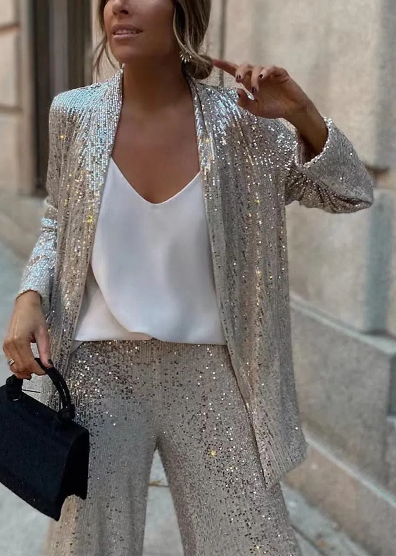 Damen Eleganter Revers Pailletten Blazer + Lässige Pailletten Hose Set Büro Business Zweiteiliges Set Urlaub Streetwear