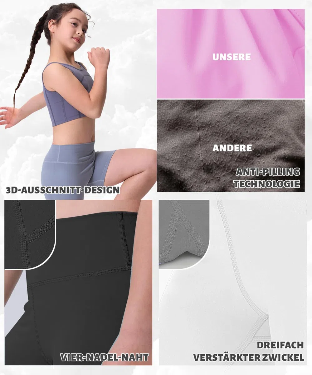 3er Pack 4in Mädchen Shorts – Stretch Kurze Leggings für Kinder, Elastische High-Waist Scrunch-Radlerhose für 6-16 Jahre