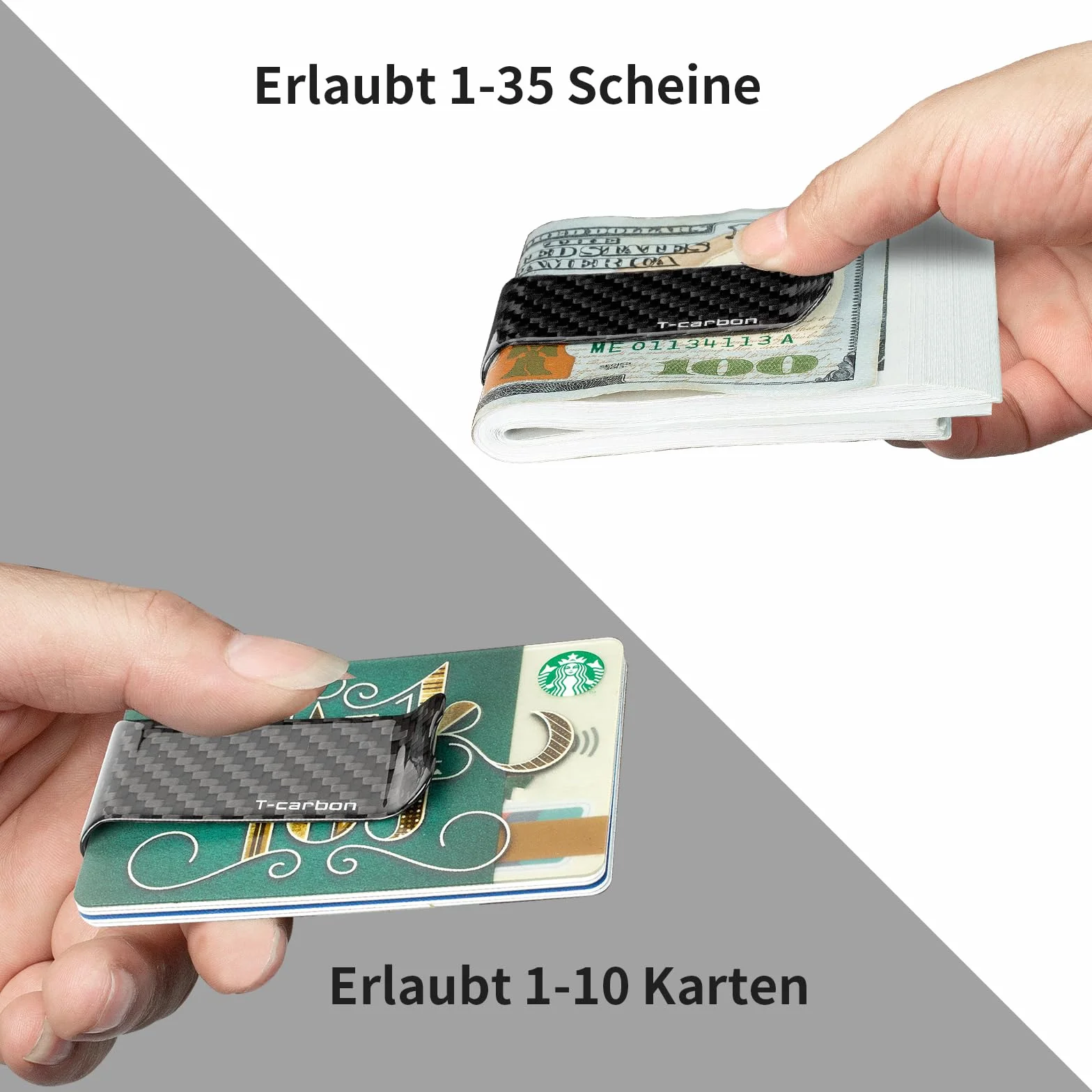 T-carbon-Echte Kohlefaser Geldklammer-Tragbare einfache Geldscheinklammer-Geldklammer für Männer-Carbon Fiber Money Clip Kreditkartenetui Banknotenetui Namenskartenetui（Glossy Schwarz）