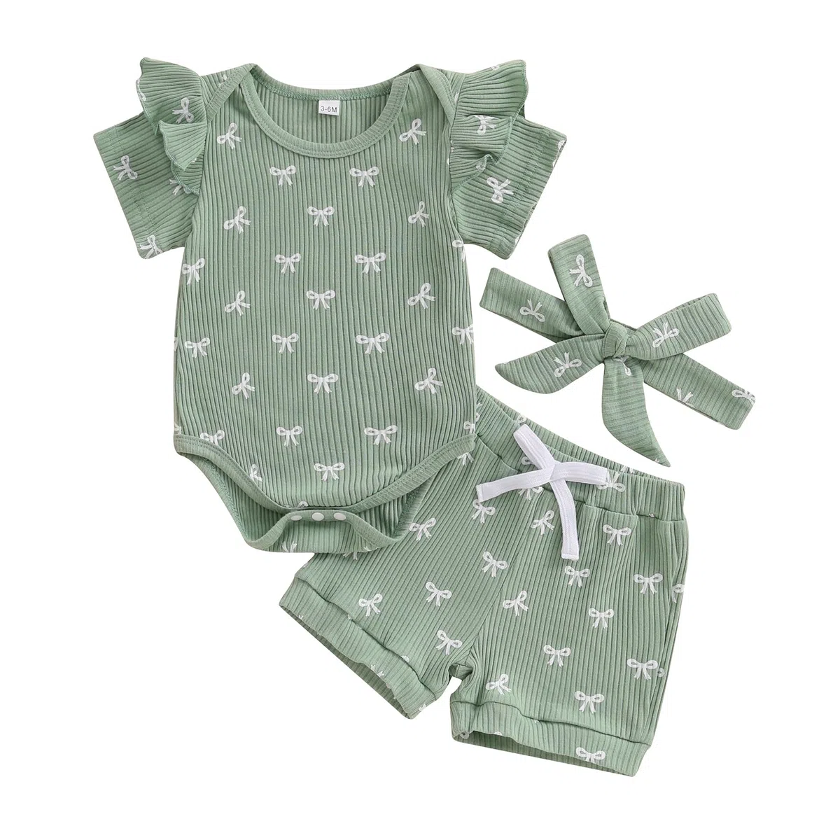 3tlg Baby Mädchen Sommer Kleidung Set Rüschen Kurzarm Strampler + Rüschen Shorts + Stirnband Babyset Weiche Neugeborene Ausgehen Outfit