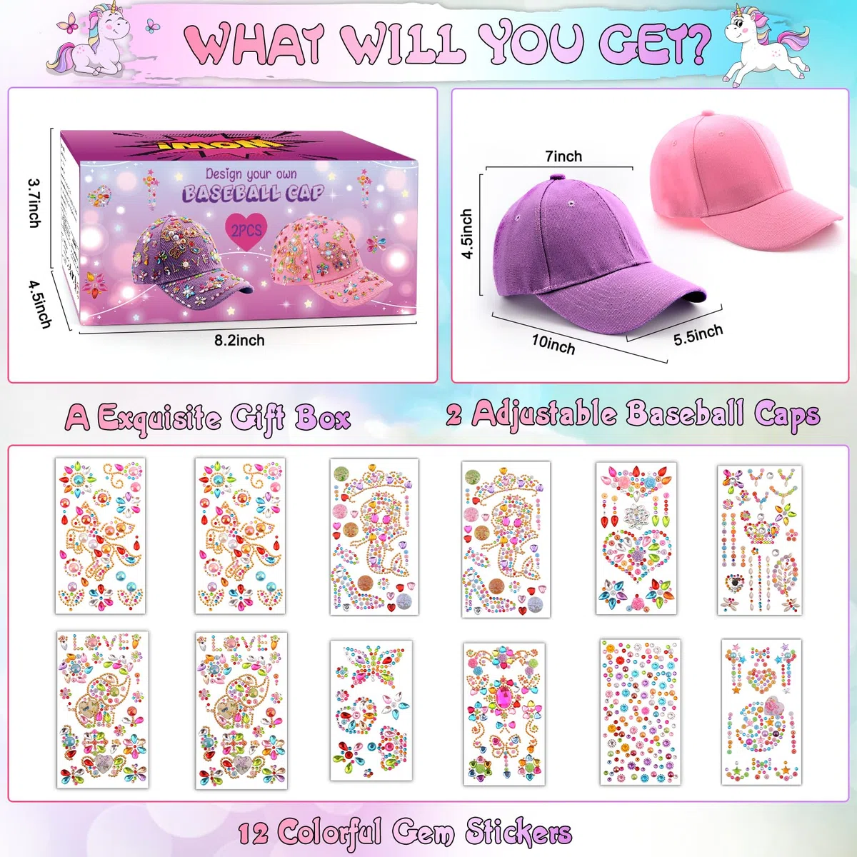 Geschenke für Mädchen DIY Baseballkappe, Kappe Selbst Gestalten mit Diamant Aufklebern, Schulanfang Geburtstag Geschenk Mädchen 4 5 6 7 8 9 10 11 12 Jahre, Baseball Cap Bastelset Hut Kinder Schule