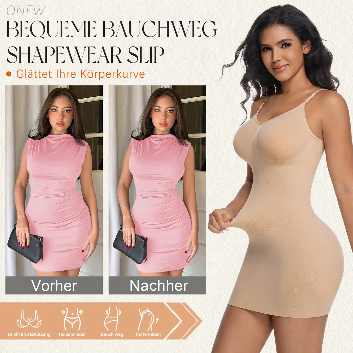 ONEW Bauchweg Shapewear Miederkleid Damen Nahtlose Unterkleid Taillenforme Formkleid Tummy Control Shaping Full Slip Beige XL