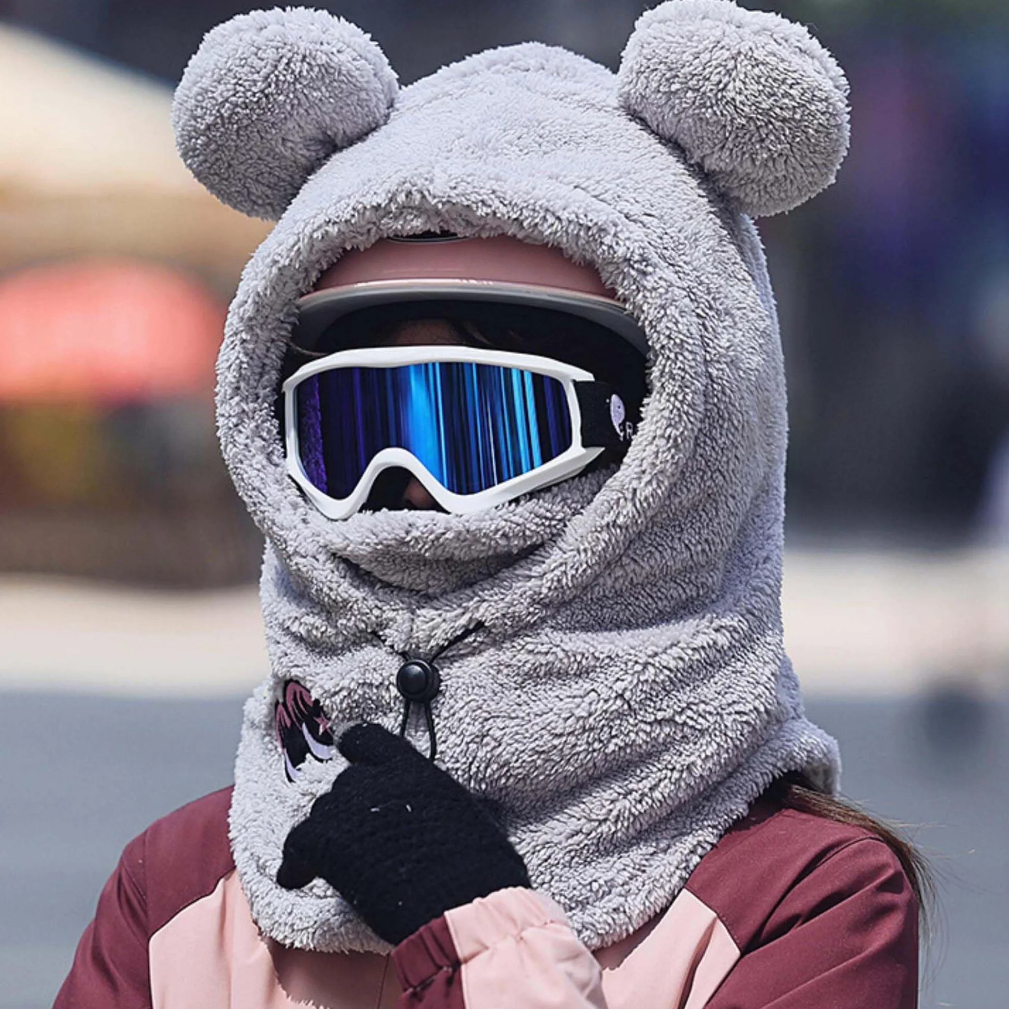 PHOGARY Balaclava für Damen, Plüsch Sturmhaube Mütze, Winter Frauen Skimaske Skimütze, Herren Damen warme Wintermütze Mütze Schal, Panda Balaclava, Grau