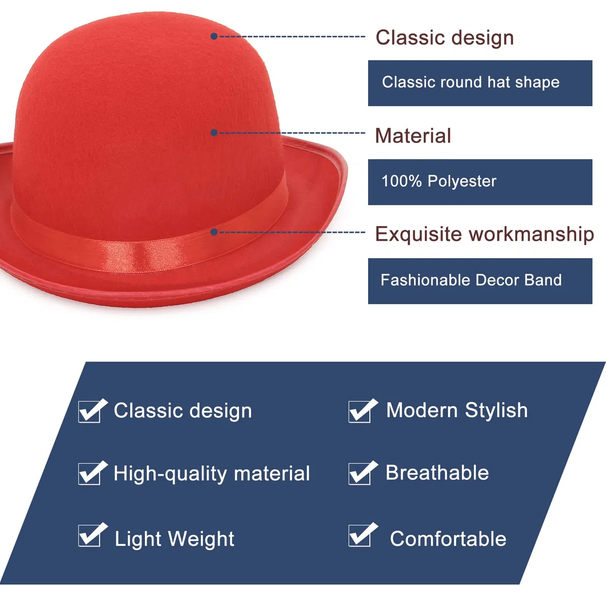 EOZY Herren Damen Melone Bowler Hut Herbst Reiterhut Filzhut Erwachsenenhut Fedora Partyhut Fasching Karneval Kappenhöhe 12cm Rot