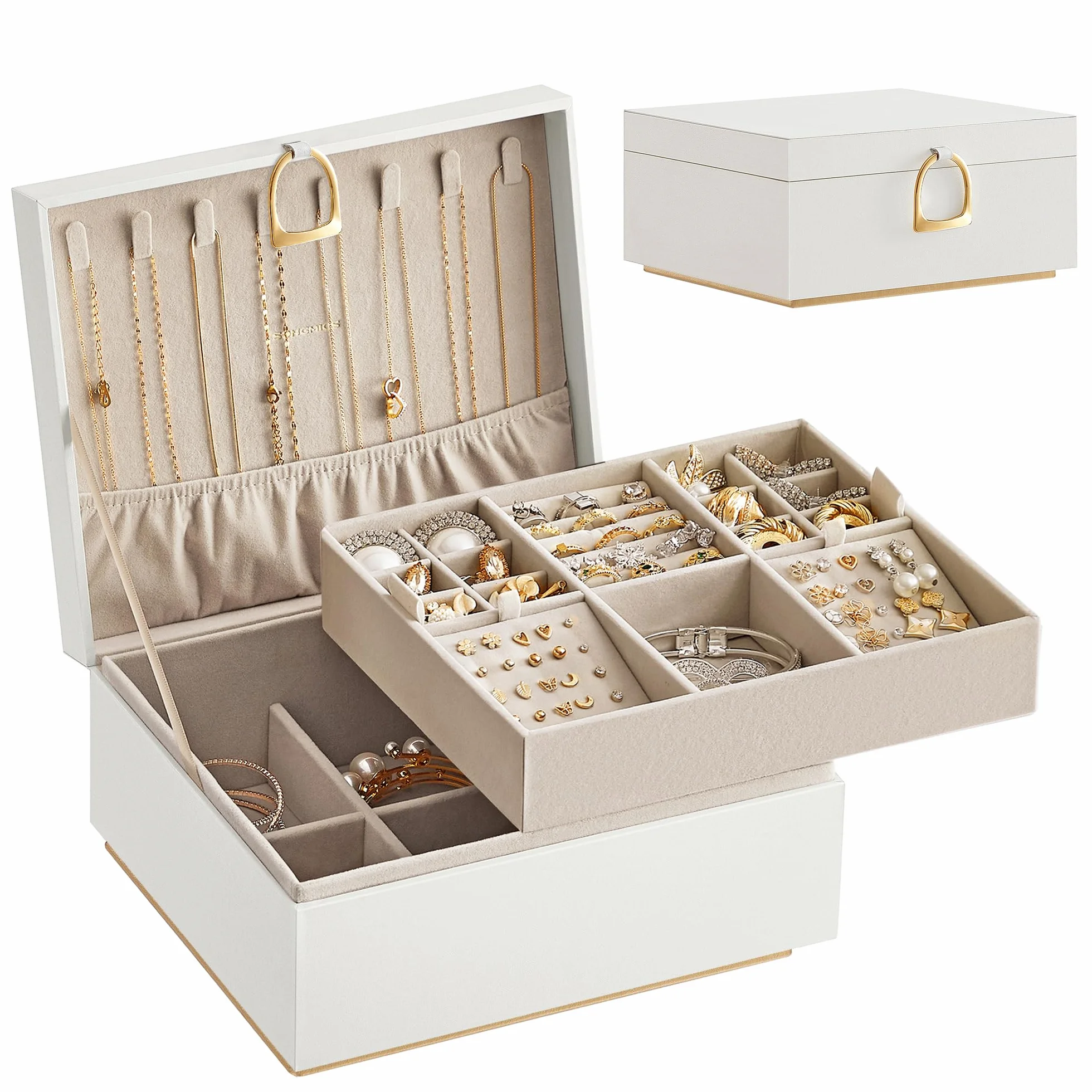 SONGMICS Schmuckkästchen 2 Ebenen, Schmuckkasten mit Griff, flexibles Schmucktablett, Schmuckbox, Schmuckaufbewahrung, schwebender Effekt, 20,5 x 24 x 11 cm, Geschenkidee, weiß JBC165W01