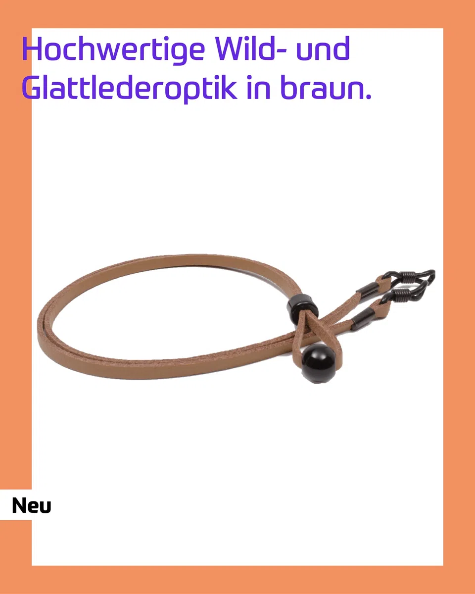 Madrid – hochwertiges Brillenband Leder- & Wildlederoptik - Unisex PU Brillenkordel für Sonnenbrillen & Lesebrillen – Band schwarz & hellbraun – Halterungen schwarz