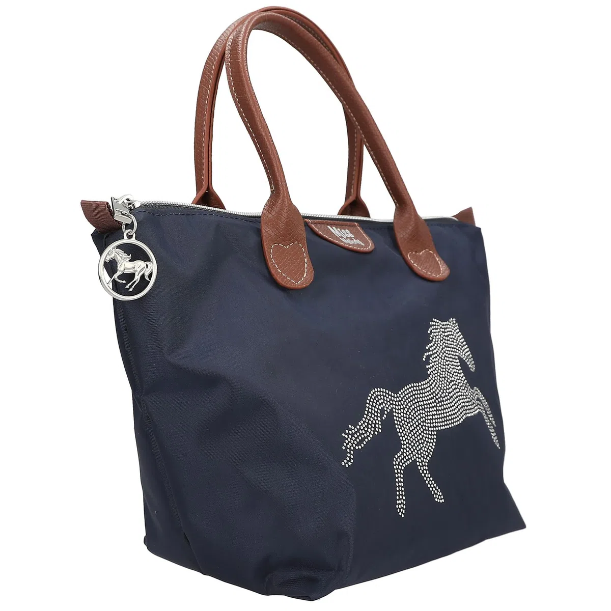 Depesche 13690 Miss Melody Luxury Horse - Umhängetasche in Dunkelblau und Braun, mit Pferde Motiv und kleinen Nieten, Handtasche mit längenverstellbarem Tragegurt