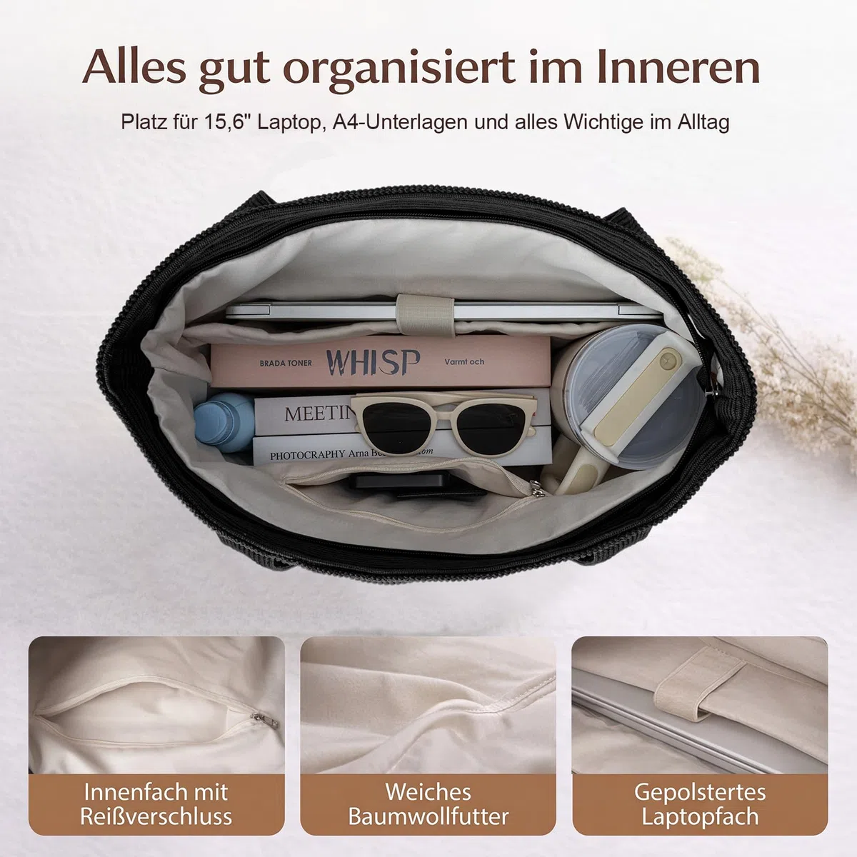 Captain Blues Cord Tasche Damen, Große Tote Bag mit Laptopfach, Shopper Tasche Damen mit Reißverschluss und weichem Baumwollfutter, Strandtasche, Arbeitstasche für Uni, Schule, Lehrer