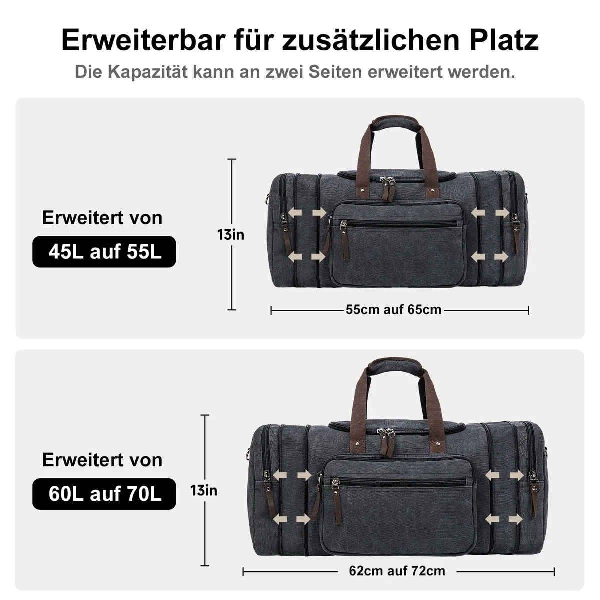 Erweiterbare Reisetasche 70L, Große Sporttasche Herren Damen, Robuste Stofftasche für Reisen, Fitness und Business, Handgepäcktasche (Dunkelgrau)