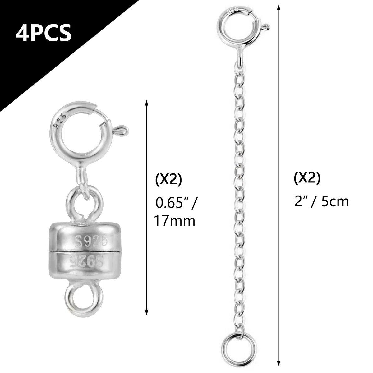 KISSPAT Magnetverschluss und Kettenverlängerung Set, 925 Sterling Silber Magnetverschluss, Magnetverschluss Kette, für Halskette Armband Schmuck