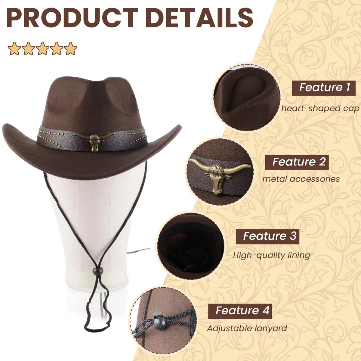 Klassischer Westernhut für Damen und Herren – Einfarbiger Cowboyhut mit Stierkopf-Dekor, Vintage Jazzhut für Erwachsene im Cowgirl- und Western-Stil (Braun A)